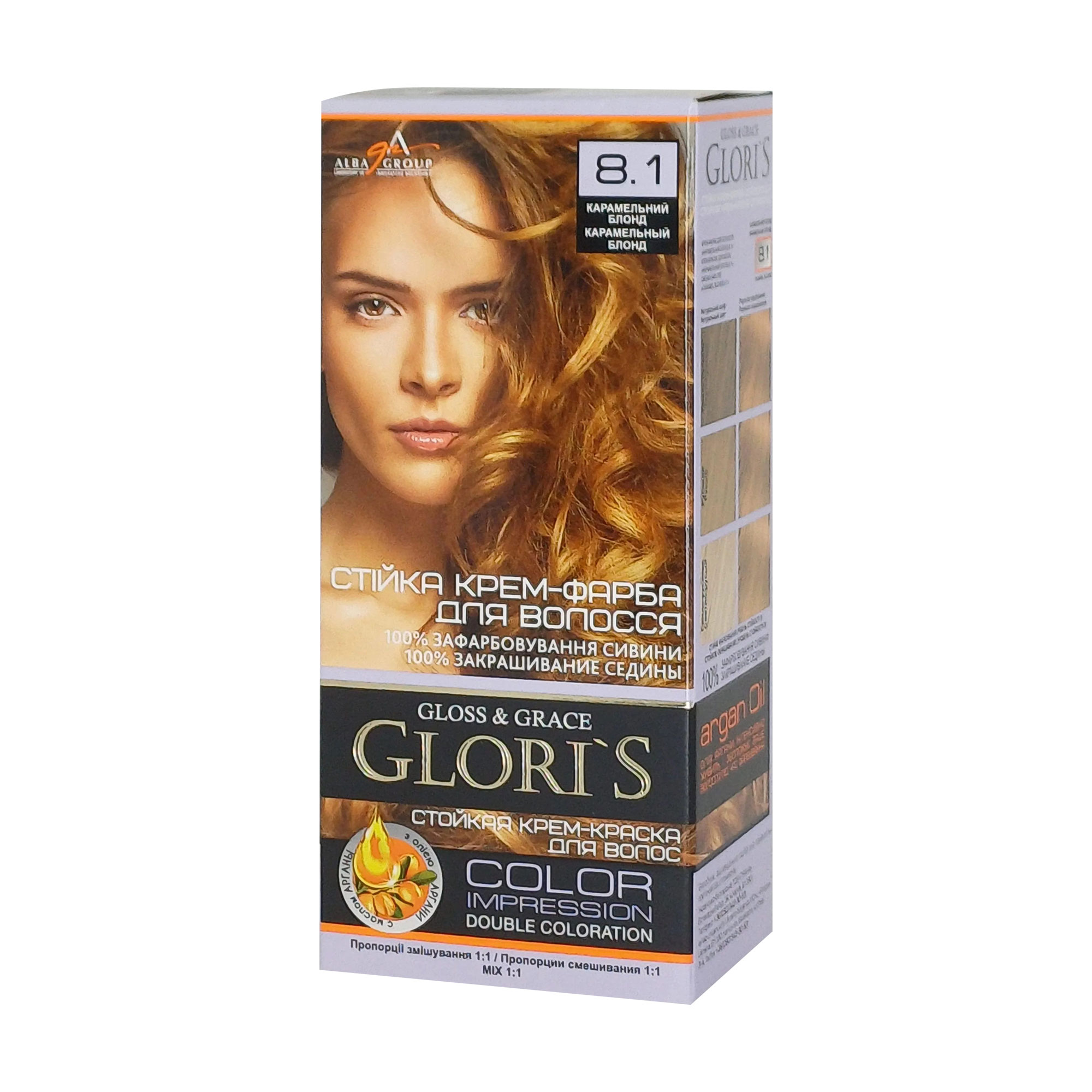 Стійка крем-фарба для волосся Glori's Gloss &amp; Grace для двох застосувань 8.1 Карамельний блонд, 130 мл